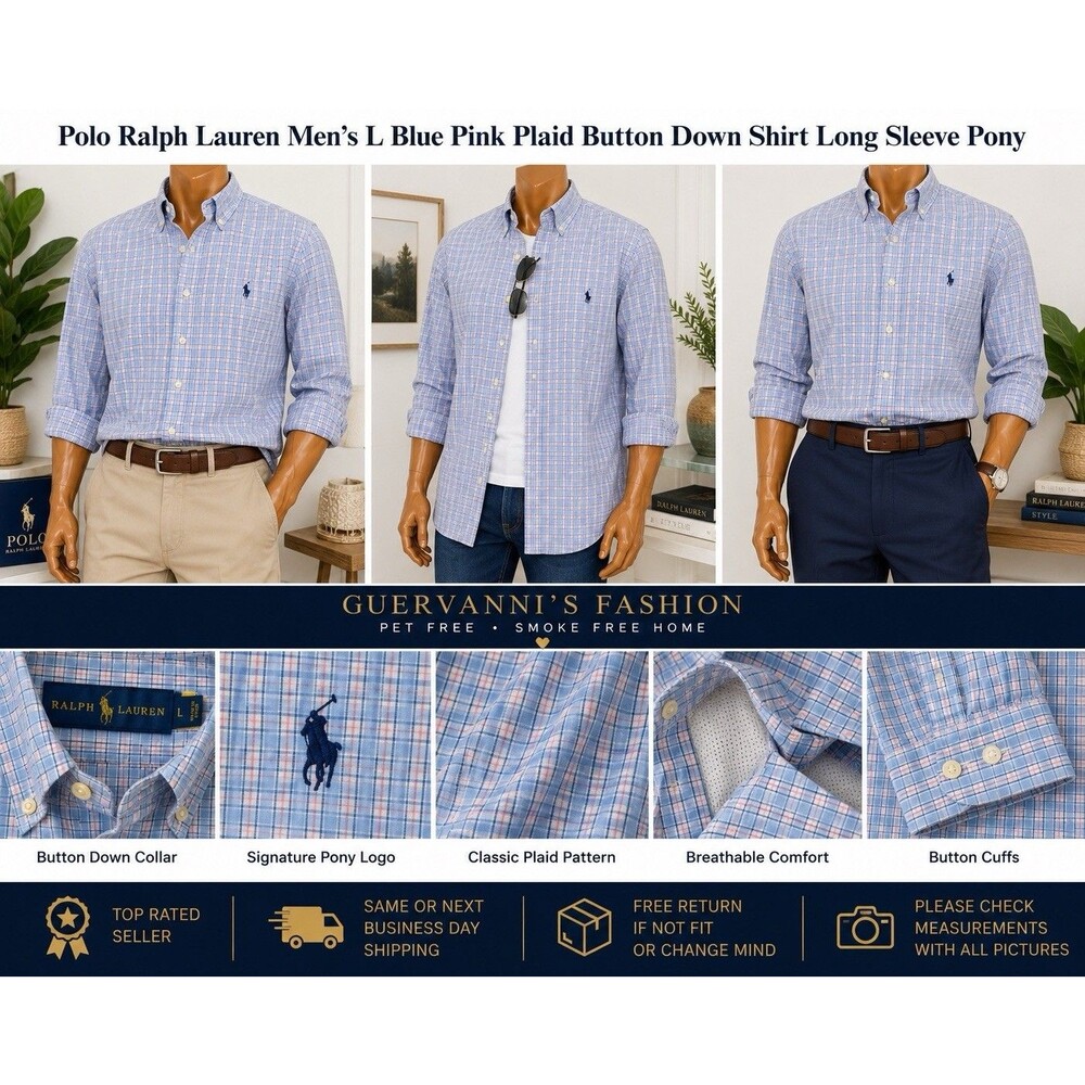Ralph Lauren Shirt L Blue Stripes Yarmouth Button Down Flesh Pony long sleeve